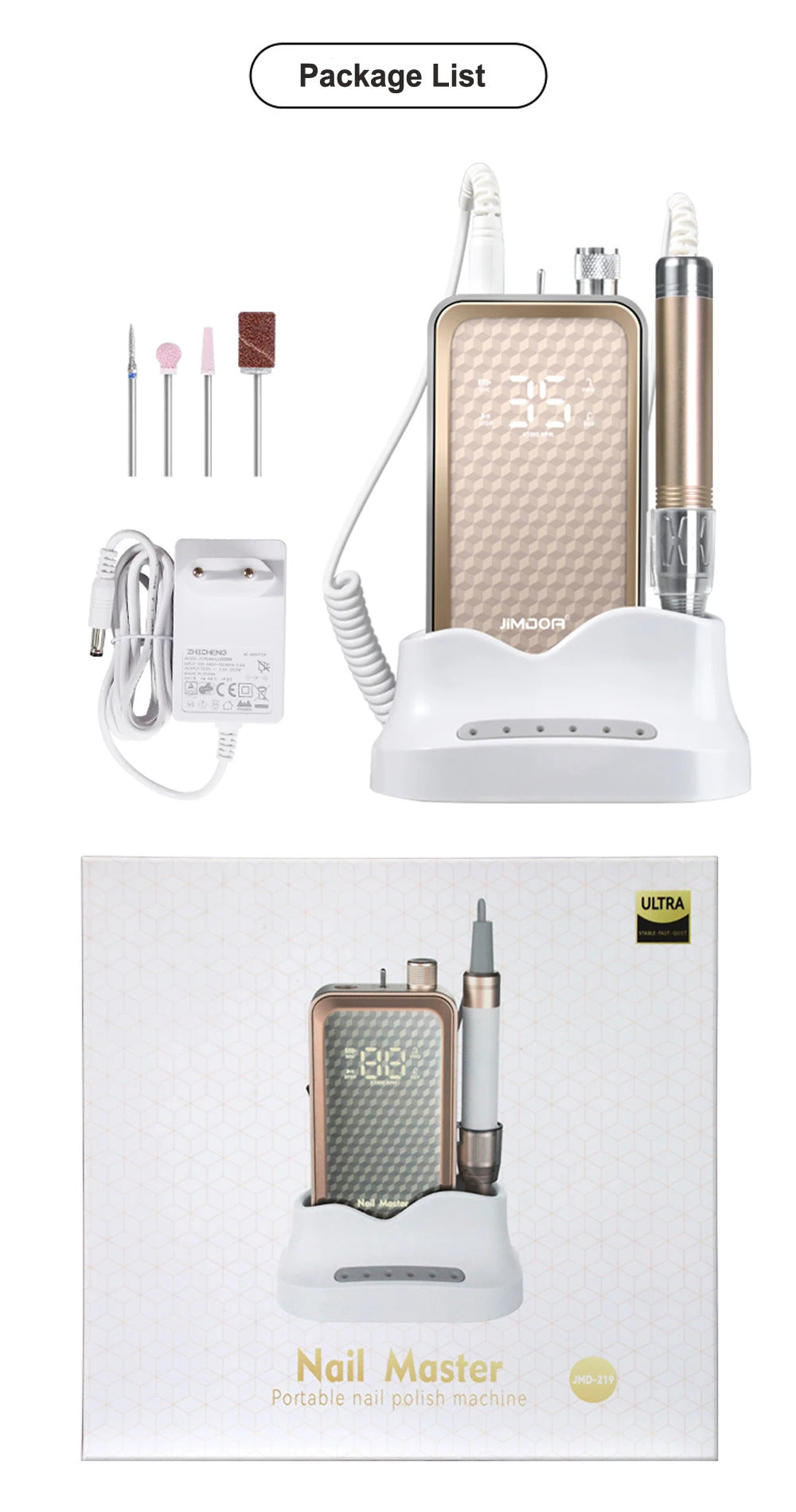 JMD 219 Brushless Nail Drill Portable Back Hanging with Base 35000 RPM Nail Polish Remover