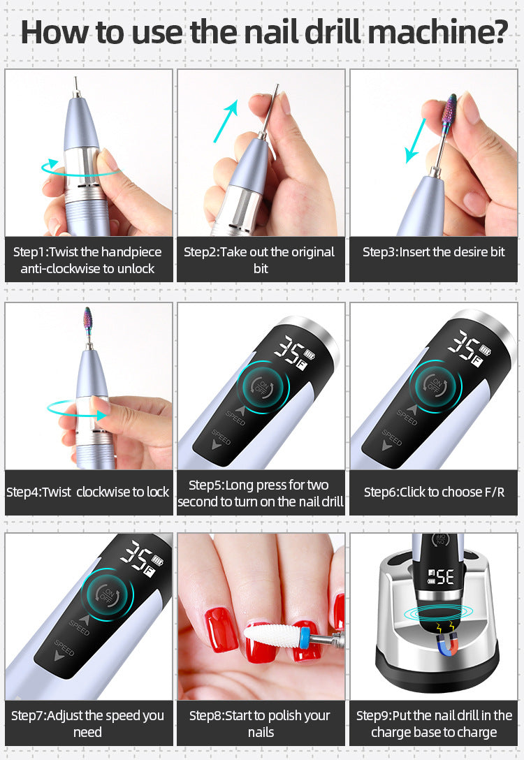 JMD-109S Professional Electric Nail Drill Portable 35000 RPM Rechargeable Nail Salon Special Pen-Type Nail Drill