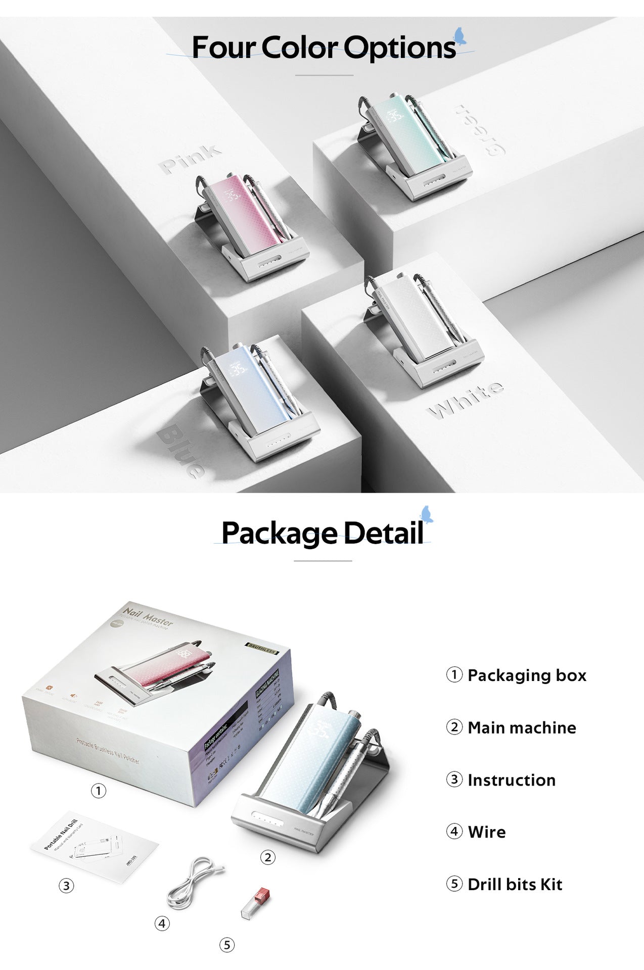 Professional Brushless Nail Drill 35000 RPM Polishing Grinding Cordless Nail Polish Remover Tool Set
