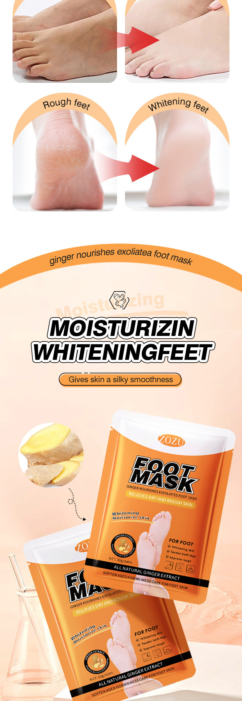Cross-border In-stock Hand Mask Foot Mask ZOZU Skin Rejuvenation Honey Ginger Nourishing Hand and Foot Care Cross-Border Foreign Trade Factory Direct Sales